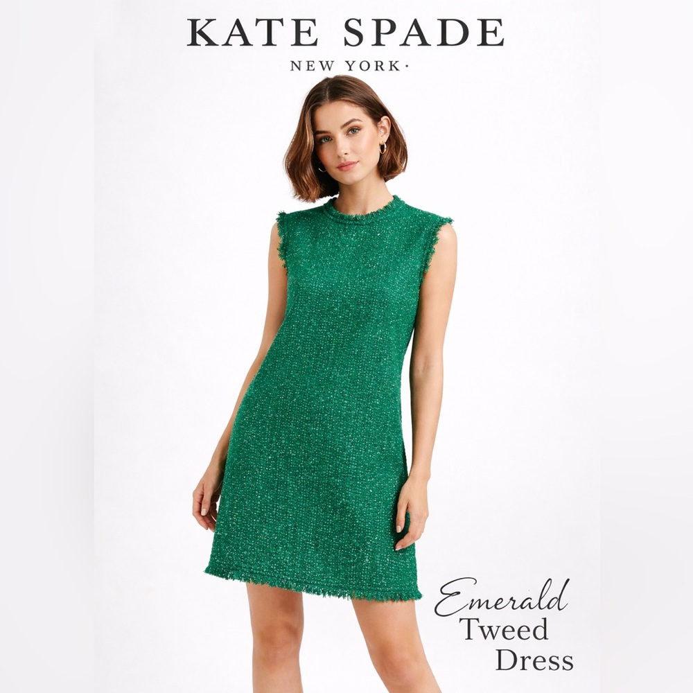 Kate Spade Green Tweed Shift Dress Sz 0 Fringe Trim Sleeveless Classic Chic NWOT